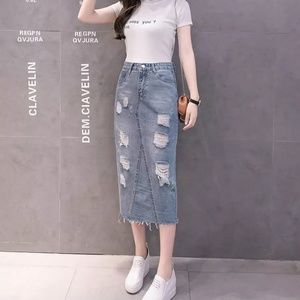 Distressed Light Blue Denim Mid-length Jean Skirt